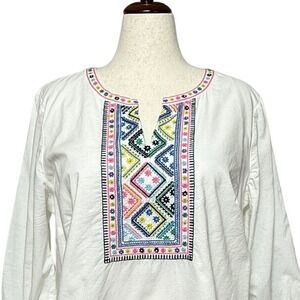 Talbots Tunic Top Womens 1X White Embroidered 3/4 Sleeve V-Neck Boho Colorful